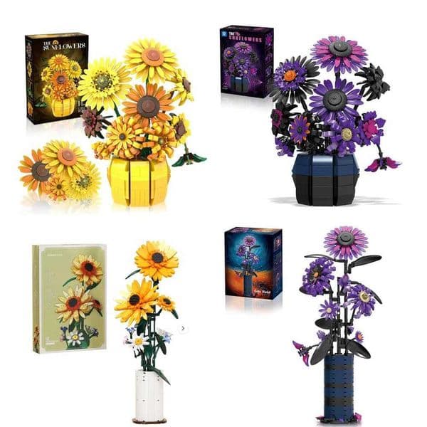 Flower Building Block Set with Vase Sunflower Roses Orchid Purple Artificial Bouquet Brick for Women Girl Adult Christmas Gifts L260513JZAT