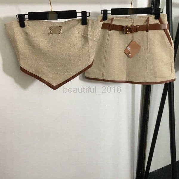 designer Two Piece Dress 2025 Summer Embroidered Letter Patchwork with Leather Trim Backless Design Tube Top Mini Skirt Belt