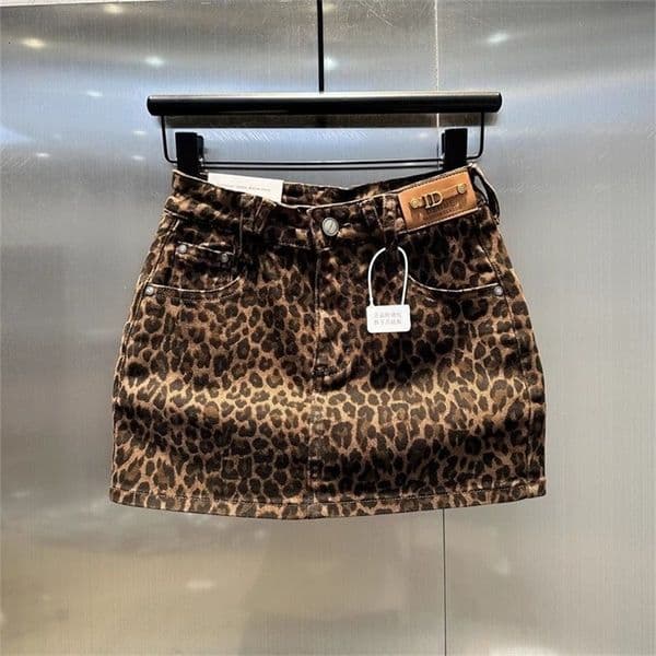 Elastic summer sexy Brown Leopard Print Denim Hip Skirt 260512