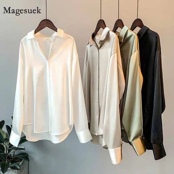 Spring Fashion Button Up Satin Silk Shirt Vintage Blouse Women White Tops Lady Long Sleeves Female Loose Street Shirts 11355 260512