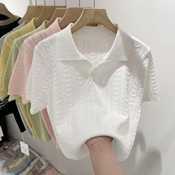 Summer Womens Ice Silk Knit Shirt Soft Sticky Slim Fit Short Sleeve Top 260512
