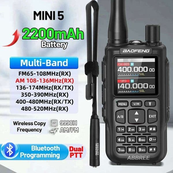 BAOFENG MINI-5 Walkie Talkie 2200mAh Dual PTT BT Programming Wireless Copy Frequency Full Band New UV 5R Mini Ham Radio 26Y0513