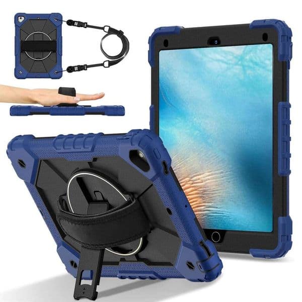 Tablet Case For iPad 9.7-inch 2018 2017 / Air 2 Silicone + PC Kickstand Cover with Handy Strap, Shoulder Strap - Navy Blue S260512