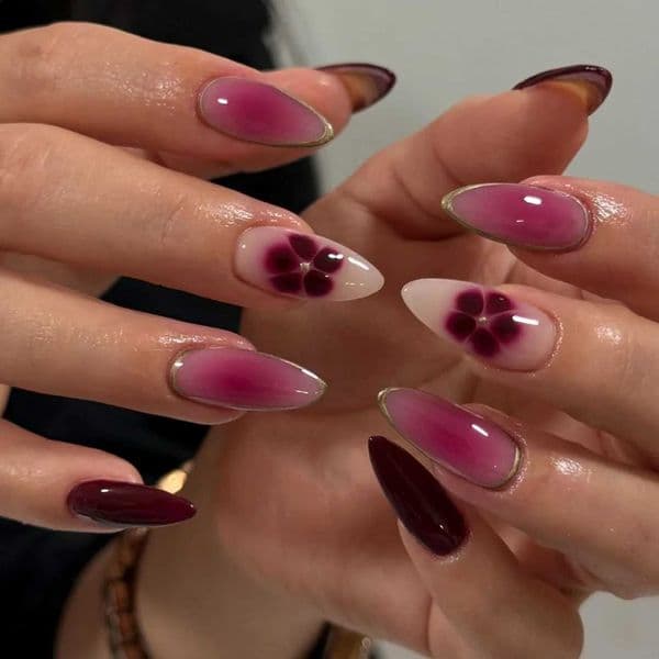24pcs Mid-length Almond Press on Nails Sets Fashion Flower False Nails with Golden Lines Design Fake Nail Reusable Pink Manicure Z260511