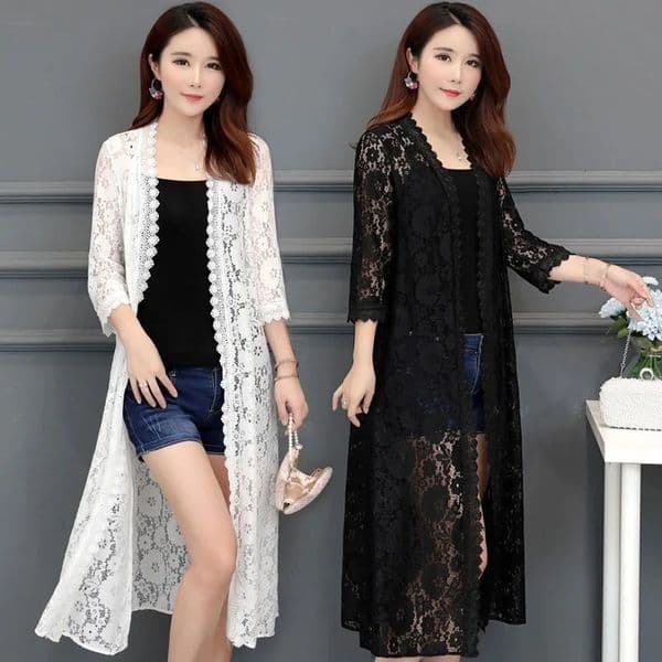 Women Lace Cardigan Mid-length Summer Mesh Shawl Loose Over-the-knee Sun Protection Clothing Women Jacket Shirt Outerwear 260512