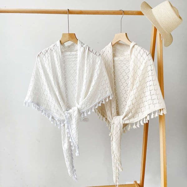 Bohemian Solid Color Tassel Tie Shawl Women's Cheongsam Triangle Scarf Outerwear Hollow Knitted Cape Layered Wear Liuyuemoshang