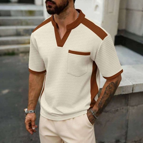 Vintage Waffle Plaid Textured T Shirts Mens Spring Summer Casual Short Sleeve Stand Collar Tops Men Fashion Patchwork Polo Shirt J260513