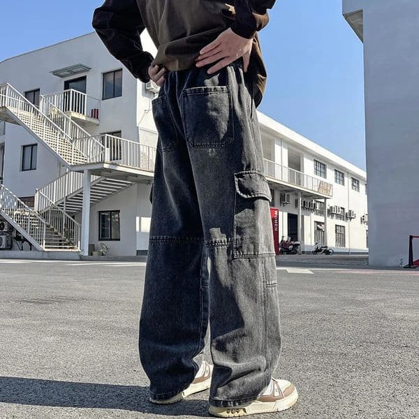 mens cement grey work jeans Y2K street hip-hop large pocket wide-leg straight jeans trousers jogging black light blue 260513