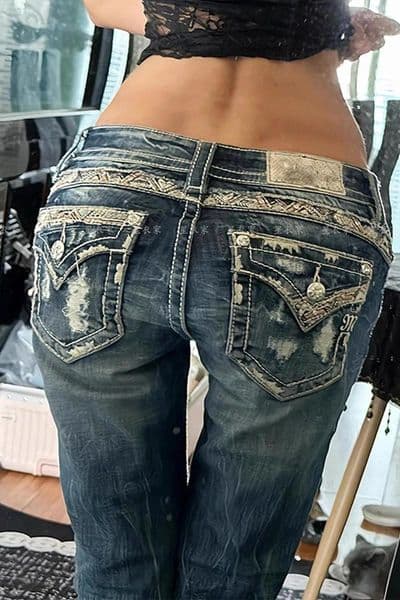 Women's Jeans Trendy Y2K Vintage Washed Distressed Low Rise Embroidered Baggy Floor Length Denim Trousers