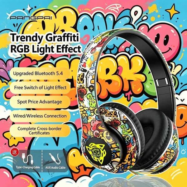 Graffiti Style Over-Ear Bluetooth Headphones RGB Lighting AUX Audio Playback Foldable Design Wireless Headset for Gaming Music S260509
