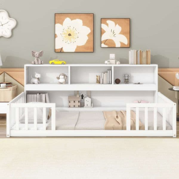 Twin Floor Bed with Bedside Bookcase,Shelves,Guardrails,White