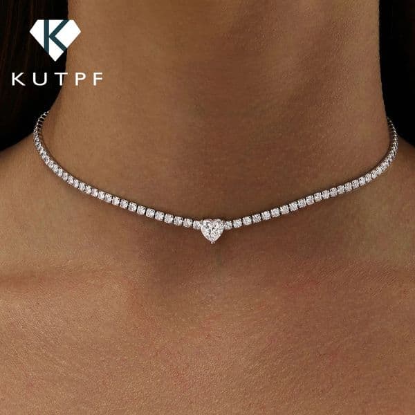 2mm Full Diamond Tennis Necklace With Heart Cut Riviera S925 Silver Adjustable Choker for Women 260508