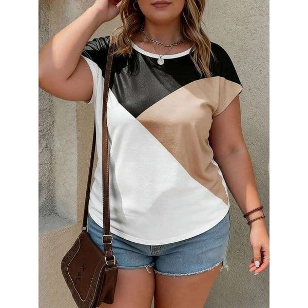 Plus Size Women's Color Block Round Neck T-shirt Cotton Blend Regular Fit Top Casual Spring Summer Denim Daily Light