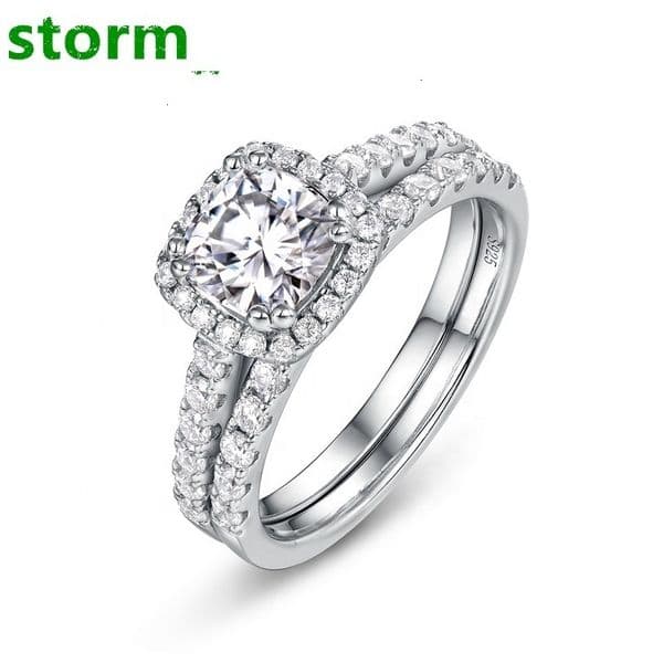 S925 Sterling Silver Cushion Cut Moissanite Bridal Ring Set for Women Halo Design Stackable Engagement Wedding Band