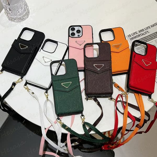 Retro Leather Card Pocket Phone Case for iPhone 17 Air 16 15 14 Plus 13 12 11 Pro Max Luxury Letter Designer Shockproof Bumper Storage Shoulder Bag Cover iPhone16 15pro