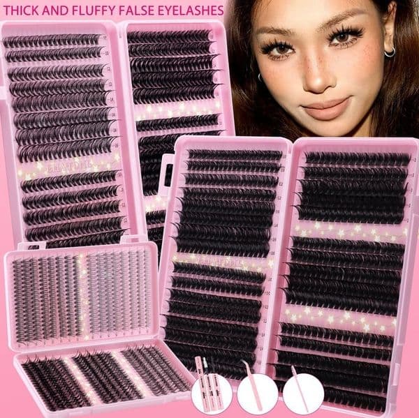 Lash Cluster - Thick Fluffy DIY Eyelash Extensions Kit with Lash Bond and Seal, Reusable D Curled DIY Segmented Eyelashes Soft Lightweight Individual Lashes