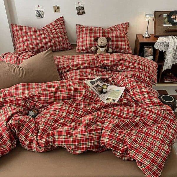 Vintage Sided Red Plaid Bedding Skin-Friendly Soft Duvet Cover Set with Bed Sheet and Pillowcases for Single Double 26Y0514