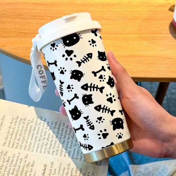 Cartoon Cute Black Line Cat 500ml-LLB/169oz - 316 Stainless Steel Double-Wall Insulated Travel cup with Lanyard Straw L260513