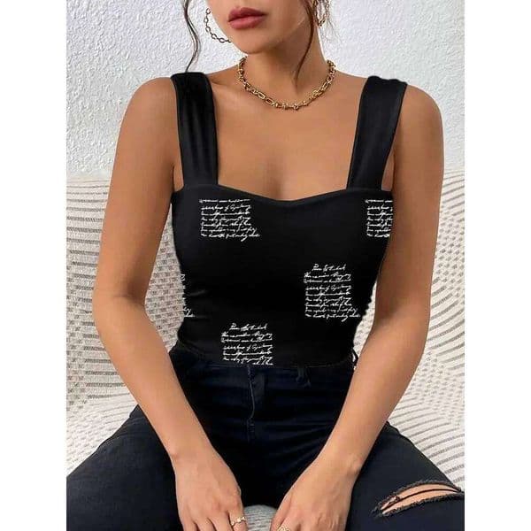 Women's Tank Spring Summer Black Square Neck Wide Strap Handwritten Text Print Slim Cropped Chic Stylish Daily Casual Top