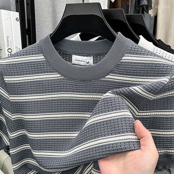Men's T Shirts Brand 2026 Summer Fashion Korean Version Striped Design Short Sleeved T-shirt Contrasting Loose Casual