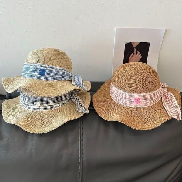 Straw Hat Women's Plaid Bow Wide Brim Straw Sun Hat Designer Hat UV Protection Foldable Dome Hat for Summer Beach Daily Wear