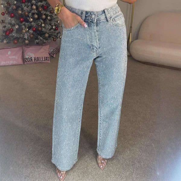 Women's Full Diamond Washed Jeans High-Waisted Straight Sexy Long Pants