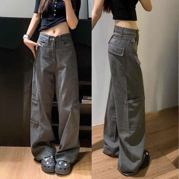 American retro gray wide-leg work pants for women, spring loose-fitting casual style slimming straight-leg jeans