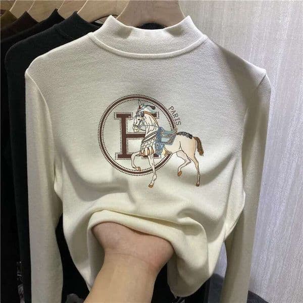 Autumn Winter Brushed Half Turtleneck Top Equestrian Horse Print Thermal Double Sided Fleece Lined Long Sleeve Breathable Warm Slim Fit Casual Daily Wear Base Shirt