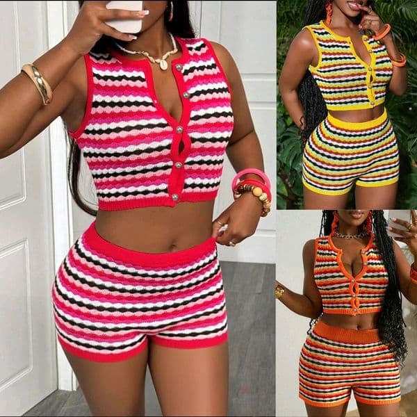 Sexy 2 Piece Shorts Set Women Outfit Knitted Striped Tank Top and Short Suits Summer Casual Vacation Sets Y2k Tracksuit 260509