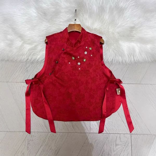 2025 Fall/Winter Fashionable New Chinese Style Round Neck Sleeveless Bow Design Handmade Rhinestone Vest Wholesale