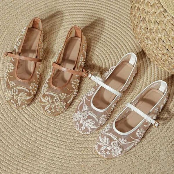 Embroidery String Bead Mesh Ballet Flats Women Fashion White Pearl Mary Jane Shoes Light Summer Flats Elegant Cozy Flat Sandals X260514