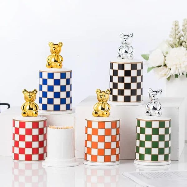 Luxury Designer Decor Bear Courtly Check Enamel room Canister Gold And Silver Kitchen Container With Lid Mini Storage Bottles Jars Display D 9