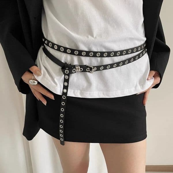 Y2K Adjustable PU Leather Waist Belt Extra Long Thin Punk Double Layer Circle Chain Retro Gothic Rivet Eyelet Knotted Women 260514