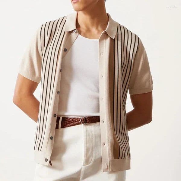 Men's Polos Luxury Summer Clothing Striped Knit Polo Shirts Single Breasted Short Sleeve Casual Slim Button-down Retro Knitwear