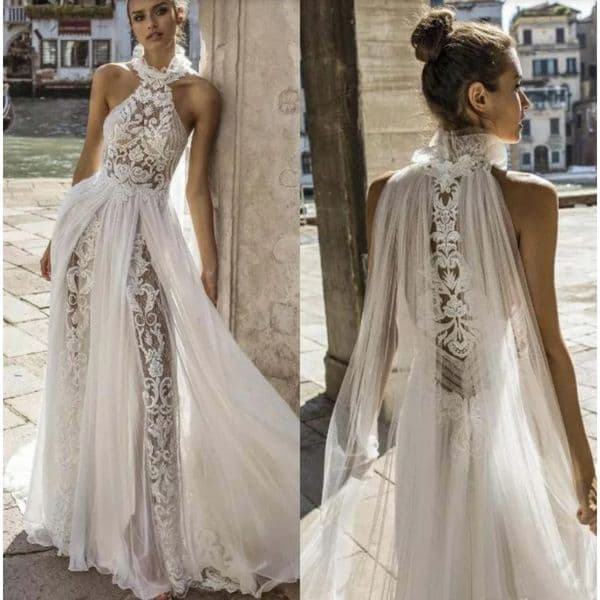 White Halter Neck Sleeveless Lace Tulle Mermaid Wedding Dress Sheer Back Boho Bridal Gown With Cape Tulle Train For Beach Wedding