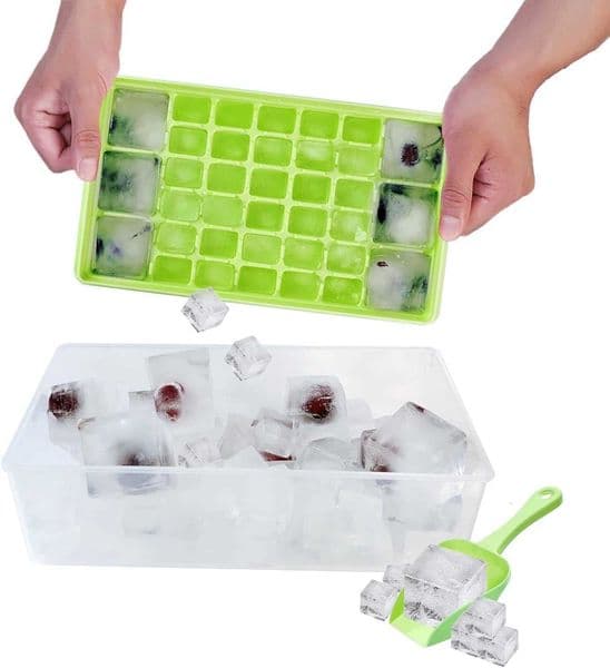 Ice Cube Tray with Lid and Bo - Ice Cube Mold for Refrigerator BPA Free Ice Container with Spoon and Lid Blue Green Powder Green110