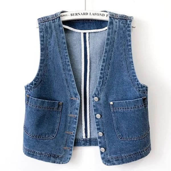Fashion V-Neck Denim Vests Women Spring Summer Short Sleeveless Jacket Casual Single-Breasted Oversize Jean Waistcoat Female Top 260513