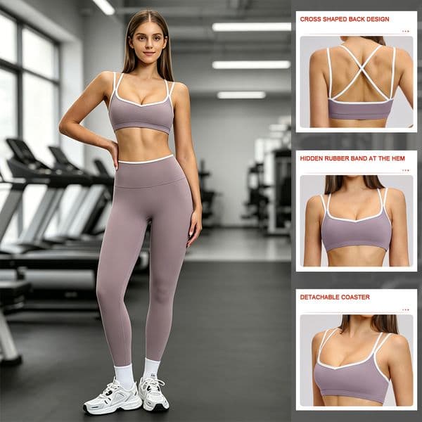 Two Piece Workout Outfit for Women Yoga Set Removable Cup Sports Bra High Waist Leggings Color Trim Activewear Gym Clothes
