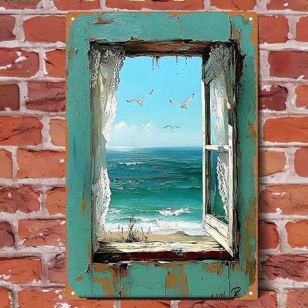 2D Vintage Metal Iron Sign - Broken Window Seaside Seagull Retro Tin Painting 20x30cm Home Decor Wall Art C260514