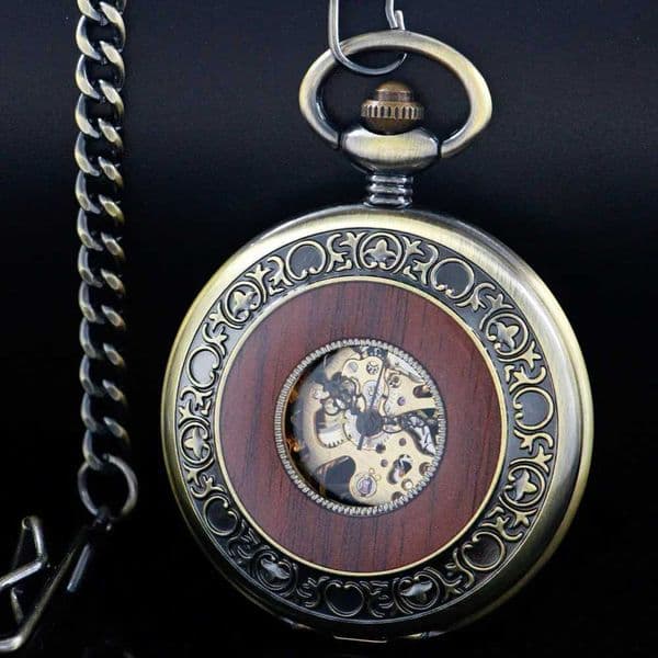 Hand-Winding Half Hunter Pocket Watch Luxury Wood Bronze Roman Numeral Mechanical Pendant Clock H260514