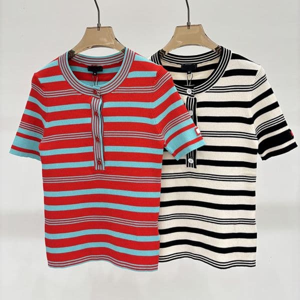 Women Designer Striped Slim Knitwear Street Casual Knit T Shirt Summer Simple Tennis Knit Tee