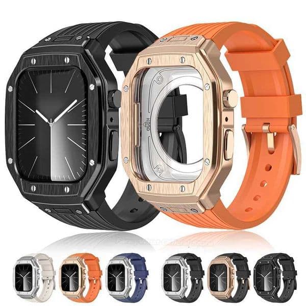 Luxury Modification Kit for Watch Series 9 8 7 45mm Metal CaseTPU Strap for iWatch 6 5 4 Se 44mm Replacement AccessoriesJ260514