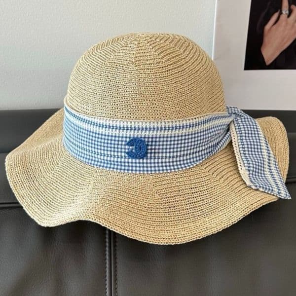 Adjustable Plaid Ribbon Straw Sun Hat Bucket Hat Designer Women Breathable Wide Brim Dome Cap for Women Spring Summer Vacation thumbnail 3