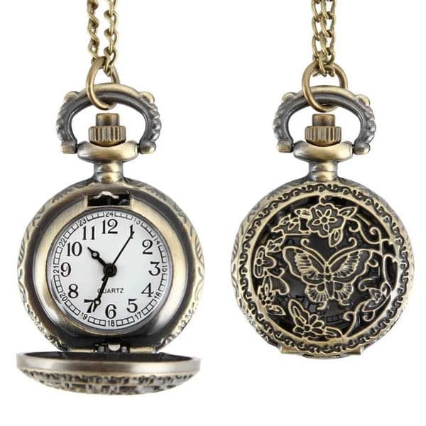 Fashion Women Quartz Pocket Watch Alloy Hollow Out Butterflies Vintage Sweater Chain Necklace Pendant Clock Gifts H260514