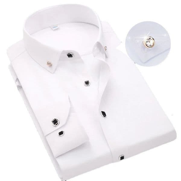 Mens Button-down Shirt Long Sleeve Casual Formal Business Dress Shirts Pocket-less Solid Color Blue White Tops Korean Slim Fit 260507