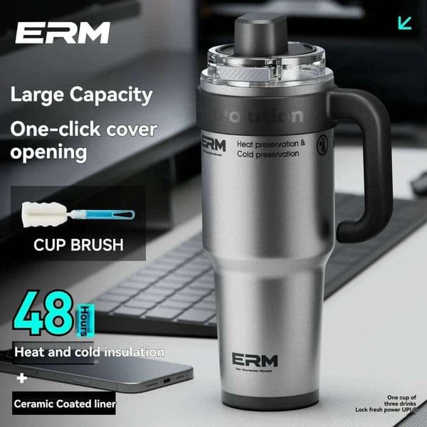 1200ML Ceramic Large Tumbler Insulated Stainless Steel Water Bottle DrinkwareVacuum Flask Straw & Handle Leakproof Mug 26L0514
