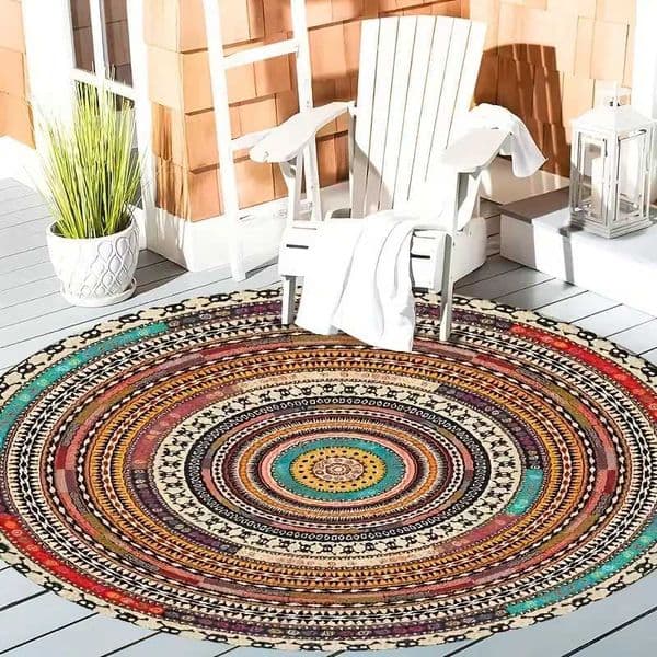 Bohemian Mandala Design Round Outdoor Rug Non-Slip Washable Carpet for Living Room Bedroom Hand for Coffee Shop Restaurant Decor Z260514