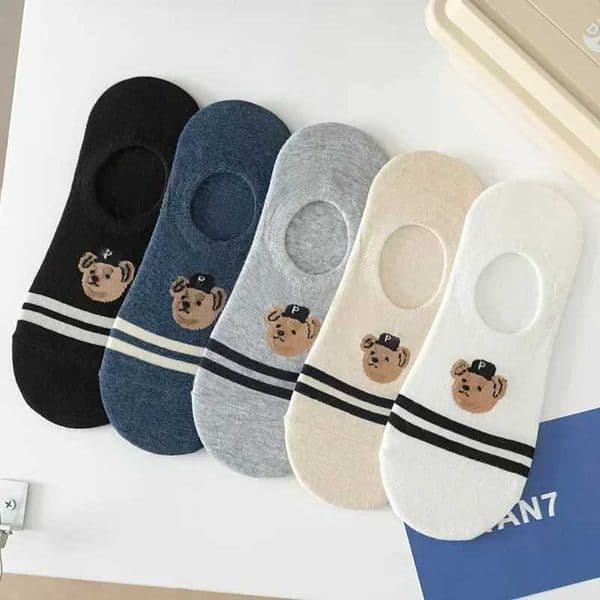5 Pair Fashion Mens Boat Socks Non-Slip Transparent Sile Cotton Ankle Slippers Cartoon Bear Summer Autumn Wear L260514