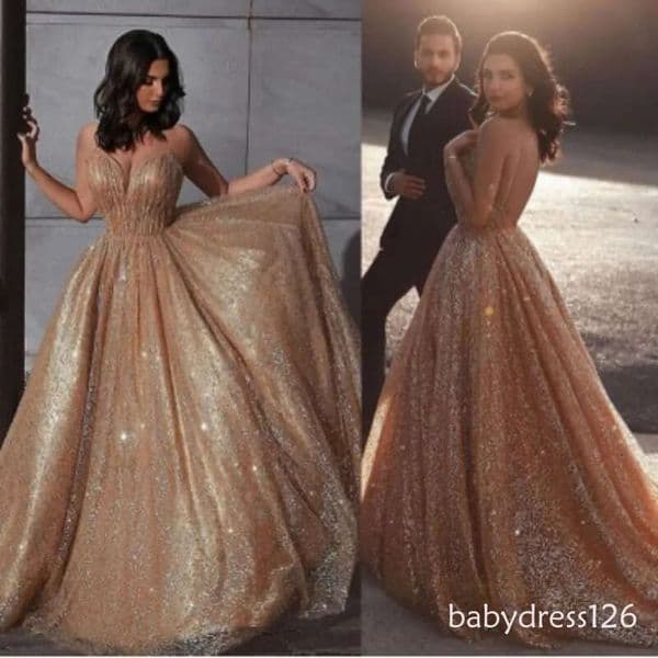 Gold Prom Dresses Illusion Crystal Beading Long Sleeve Open Back Evening Gown Floor Length Party Dress