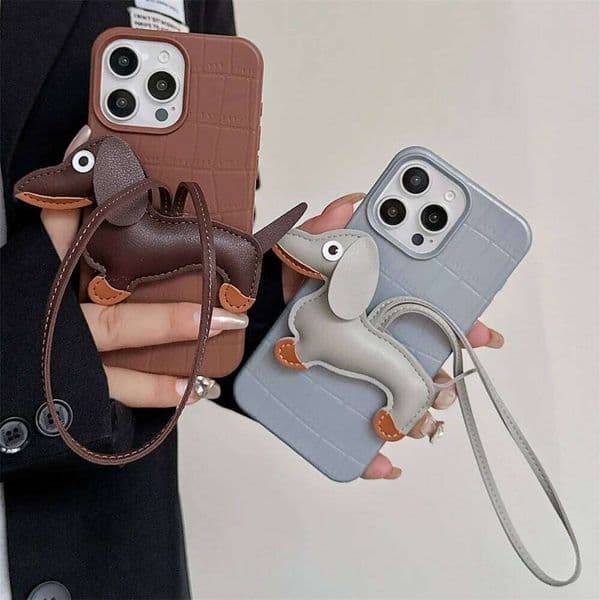 Fashion Cute Dachshund Lanyard Solid Color Leather Pattern Phone Case For iPhone 13 16 12 Pro Max 14 15 Plus 11 Back Cover 26L0514